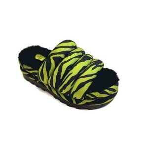 UGG Womens 6 Maxi Slide Tiger Print Sheepskin Platform Slippers Key Lime Green